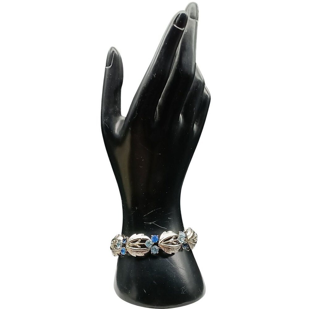 Vintage Pegasus Coro Silver-Tone Bracelet w/ Blue Rhinestones Floral Leaf Design